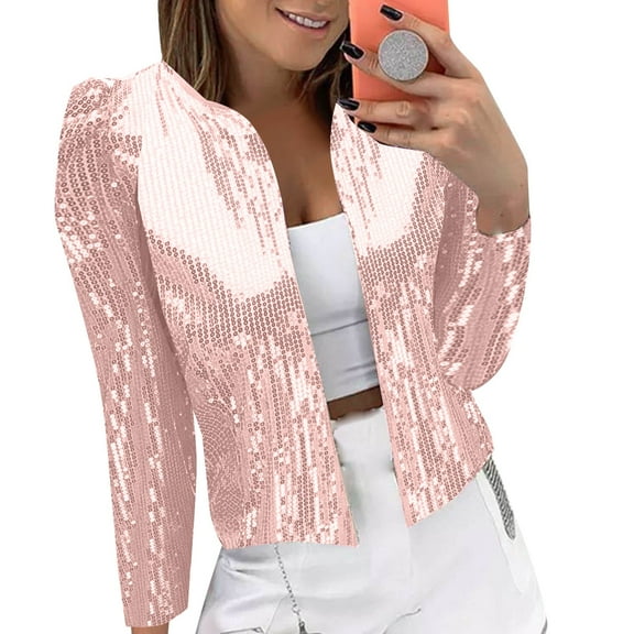 Yigetop Sequin Blazer for Women Women's Casual Fashion Sequin Bead Sparkling Suit Cardigan Jacket Metallic Jacket Women Pink XL