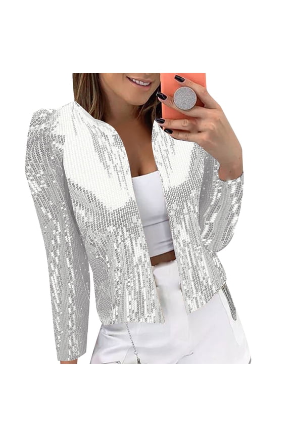 Sequin Blazer for Women Women's Casual Fashion Sequin Bead Sparkling Suit Cardigan Jacket Metallic Jacket Women Silver M