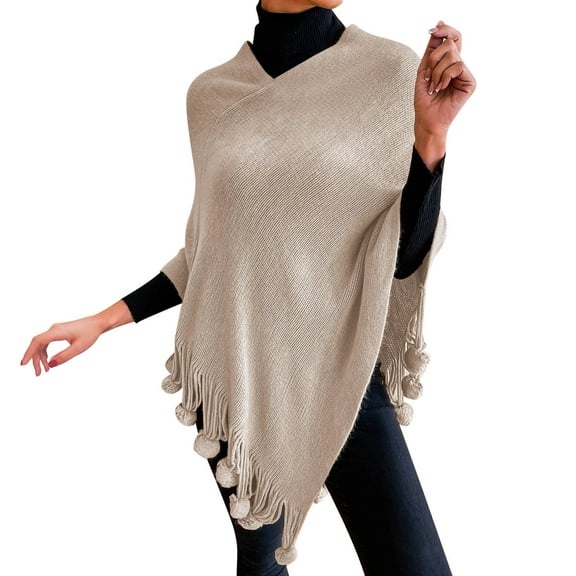 Yigetop Shawl Wraps for Women Womens Solid Color Frayed Pullover Fringed Shawl Sweater Cape Fashion Coat Poncho Sweater Women Beige L