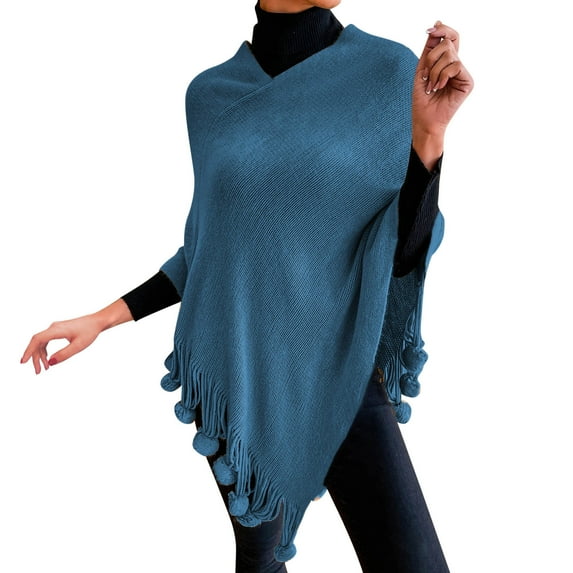 Yigetop Shawl Wraps for Women Womens Solid Color Frayed Pullover Fringed Shawl Sweater Cape Fashion Coat Poncho Sweater Women Blue M