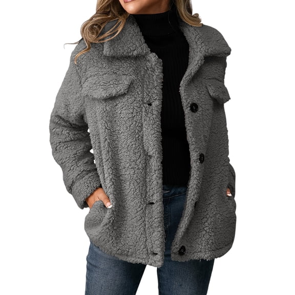 Yigetop Sherpa Jacket Women Women's Winter Coats Long Sleeve Lapel Button Down Pockets Fleece Jacket Casual Outerwear Winter Coats for Women, Dark Gray, L