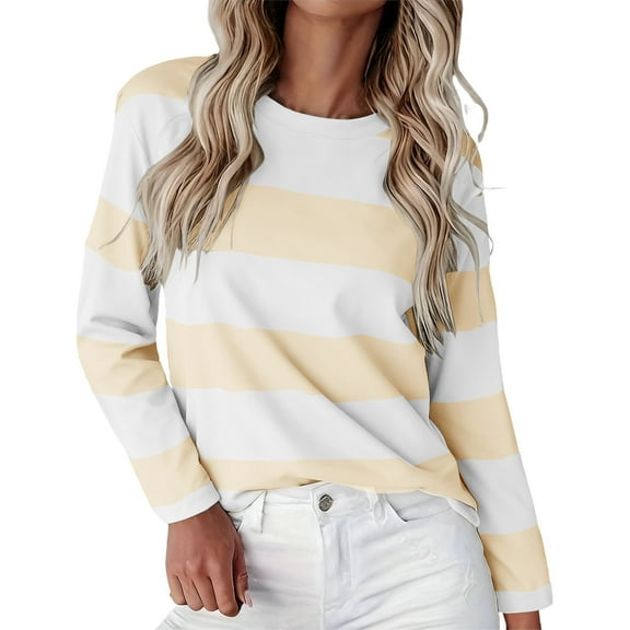 Yigetop Shirts for Women, Womens Long Sleeve Shirts T Shirts Crew Neck Shirts Basic Tee Comfy Striped Printed Tops Blouse Fall Shirts for Women Beige L