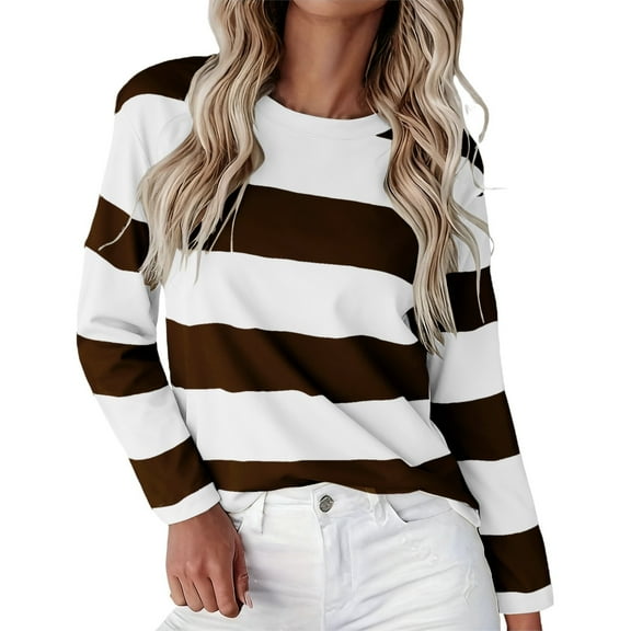 Yigetop Shirts for Women, Womens Long Sleeve Shirts T Shirts Crew Neck Shirts Basic Tee Comfy Striped Printed Tops Blouse Fall Shirts for Women Brown 3XL
