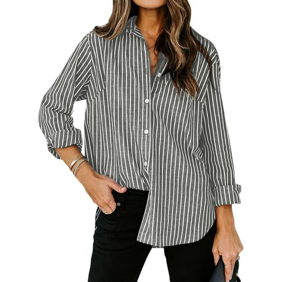 Yigetop Shirts for Women Women's Casual Striped Long Sleeved Button Up Shirt Top Tops for Women Trendy Black M