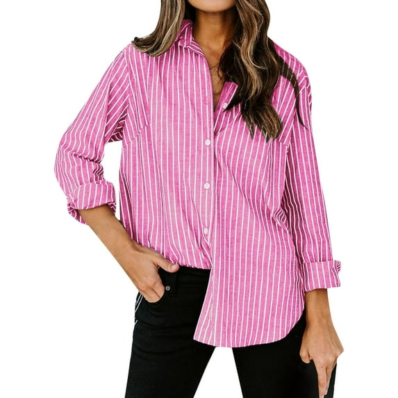 Yigetop Shirts for Women Women's Casual Striped Long Sleeved Button Up Shirt Top Tops for Women Trendy Pink L