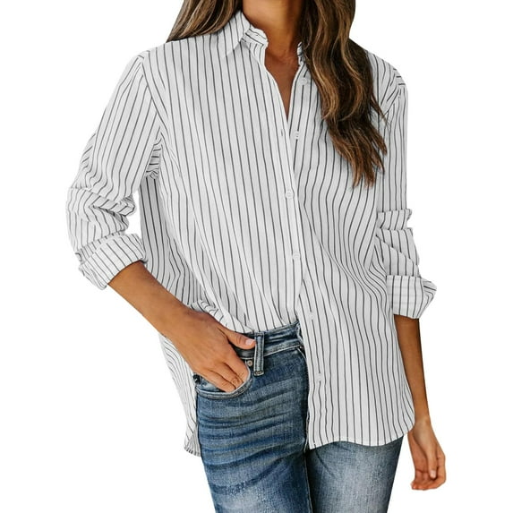 Yigetop Shirts for Women Women's Casual Striped Long Sleeved Button Up Shirt Top Tops for Women Trendy White S