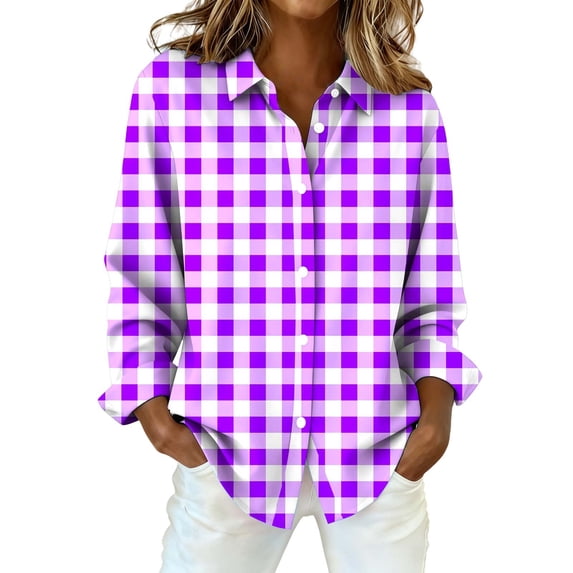 Yigetop Shirts for Women, Women's Fashion Casual Printed Button Long Sleeve Shirts Tops Work Tops for Women Purple S