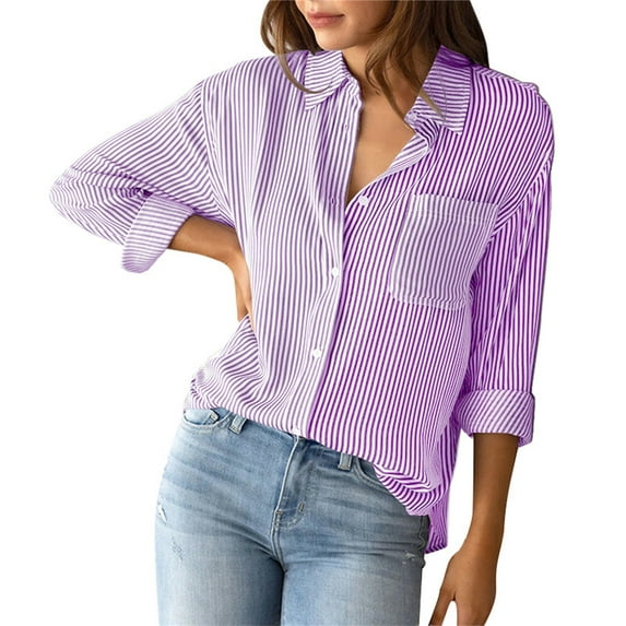 Yigetop Shirts for Women Women's Striped Cardigan Tops Loose Casual Long Sleeve Shirt Tops for Women Trendy Purple L