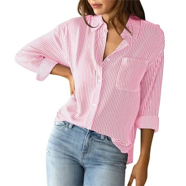 Yigetop Shirts for Women Women's Striped Cardigan Tops Loose Casual Long Sleeve Shirt Tops for Women Trendy Red M
