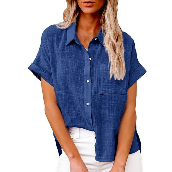 Yigetop Short Sleeve Button Down Women Fashion Women's Solid Linen Casual Loose Short Sleeve Button Shirt Womens Button Down Shirt Dark Blue M
