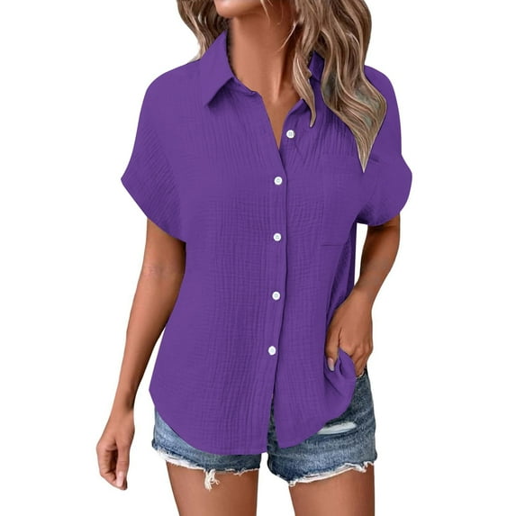 Yigetop Short Sleeve Button Down Women, Ladies' Casual Double Layer Wrinkled Short Sleeved Solid Color Cardigan Button Down Shirts for Women Purple S