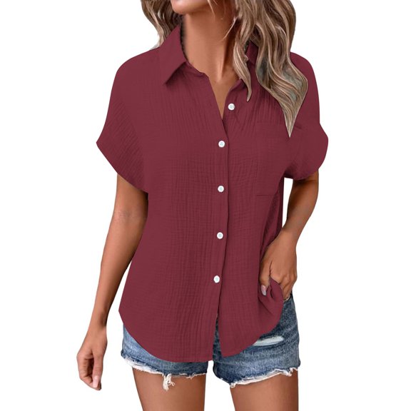 Yigetop Short Sleeve Button Down Women, Ladies' Casual Double Layer Wrinkled Short Sleeved Solid Color Cardigan Button Down Shirts for Women Wine 3XL