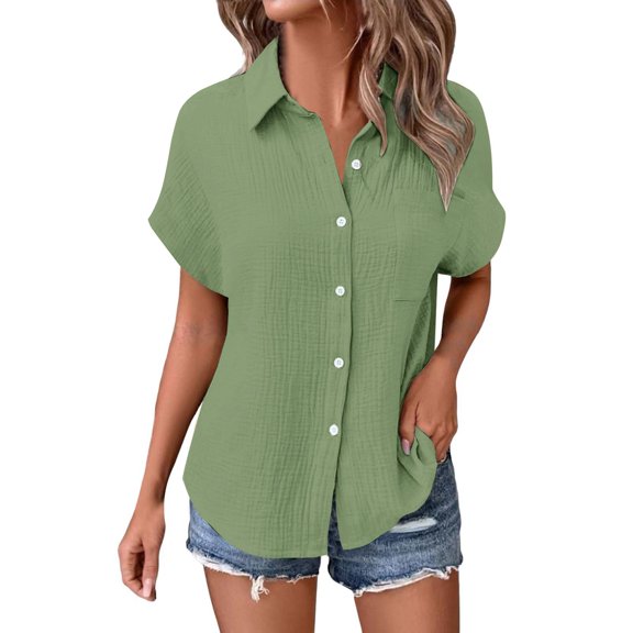 Yigetop Short Sleeve Button Down Women, Ladies' Casual Double Layer Wrinkled Short Sleeved Solid Color Cardigan Button Down Shirts for Women Green 3XL