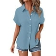 thumbnail image 1 of Yigetop Short Sleeve Button Down Women, Ladies' Casual Double Layer Wrinkled Short Sleeved Solid Color Cardigan Button Down Shirts for Women Light Blue 3XL, 1 of 8