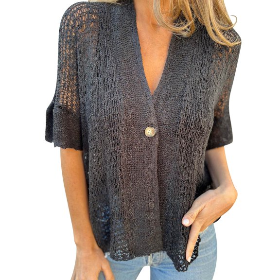 Yigetop Short Sleeve Cardigan Hollow V Neck Single Button Loose Short Sleeves Cardigan Y2K Cardigan Black XL