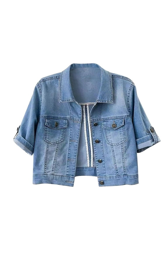 Short Sleeve Denim Jacket for Women, Women's Summer Short Sleeve Slim Crop Denim Trucker Jacket Jean Coat Tops Summer Jackets for Women Sky Blue XL