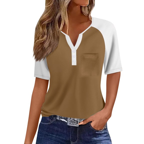 Yigetop Short Sleeve Henley Shirts for Women, Womens Fashion Short Sleeve Tops Basic Tunic T Shirts Casual Button Down Half Sleeve Blouses Tshirts Shirts for Women Coffee L