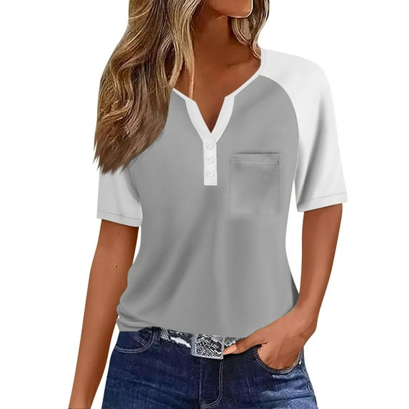 Yigetop Short Sleeve Henley Shirts for Women, Womens Fashion Short Sleeve Tops Basic Tunic T Shirts Casual Button Down Half Sleeve Blouses Tshirts Shirts for Women Grey M