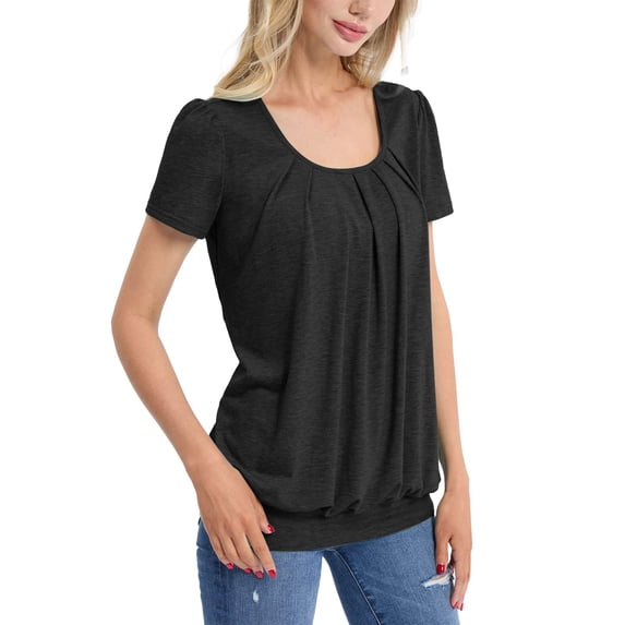 Yigetop Short Sleeve Shirts for Women, Women's Short Sleeve Summer Tops Neck Pleated Front Casual Tee T Shirt Womens Short Sleeve Tops Black 2XL
