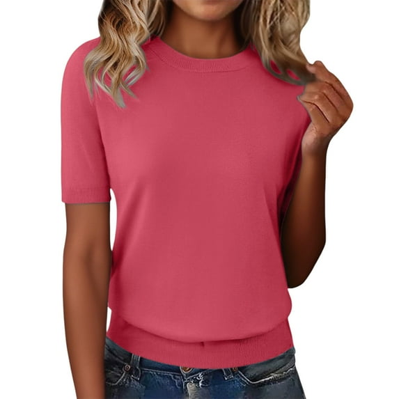 Yigetop Short Sleeve Sweater for Women Women's Casual Crewneck Lightweight Knit Tops Short Sleeve Loose T Shirt with A Knit Bottom Short Top Womens Short Sleeve Sweater Hot Pink XL