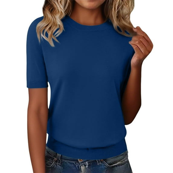 Yigetop Short Sleeve Sweater for Women Women's Casual Crewneck Lightweight Knit Tops Short Sleeve Loose T Shirt with A Knit Bottom Short Top Womens Short Sleeve Sweater Blue L