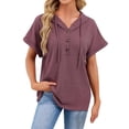 thumbnail image 1 of Yigetop Short Sleeve Sweatshirt Women's Summer Hoodies Short Sleeve Button V Neck Lightweight Drawstring Hoodies Summer Hoodies for Women Brick Red L, 1 of 8