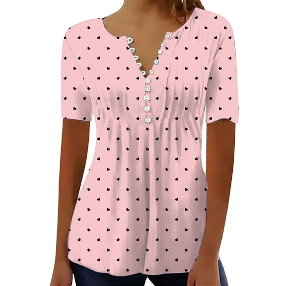 Yigetop Short Sleeve Tops for Women, Women's Casual Pleated Round Neck Button Open Short Sleeve Loose T Shirt Shirt Top Dressy Tunic Tops for Women Pink S
