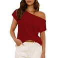 thumbnail image 1 of Yigetop off The Shoulder Tops for Women! Womens off one Shoulder Sweater Tops Summer Short Sleeve Casual Loose Knit Trendy Going Out Tops Going Out Tops for Women Red XL, 1 of 5