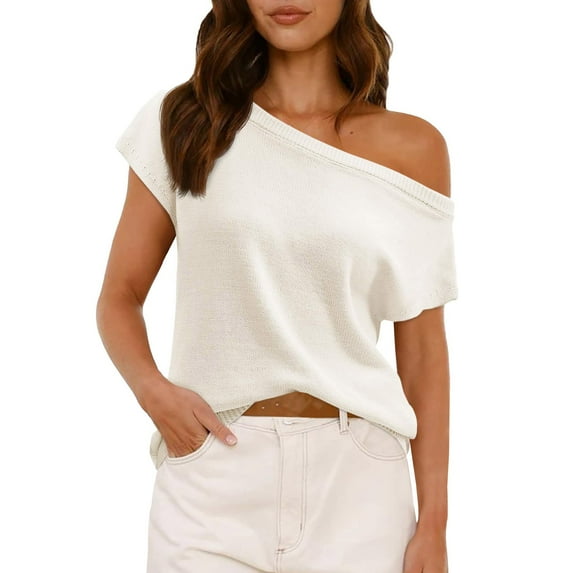 Yigetop off The Shoulder Tops for Women! Womens off one Shoulder Sweater Tops Summer Short Sleeve Casual Loose Knit Trendy Going Out Tops Going Out Tops for Women White M