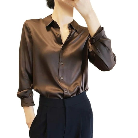 Yigetop Silk Button Up Shirts For Women Womens Summer Sun Casual Loose Button Down Shirts Long Sleeve Solid Color Shirts Tops Satin Blouses For Women Dressy Coffee 3XL