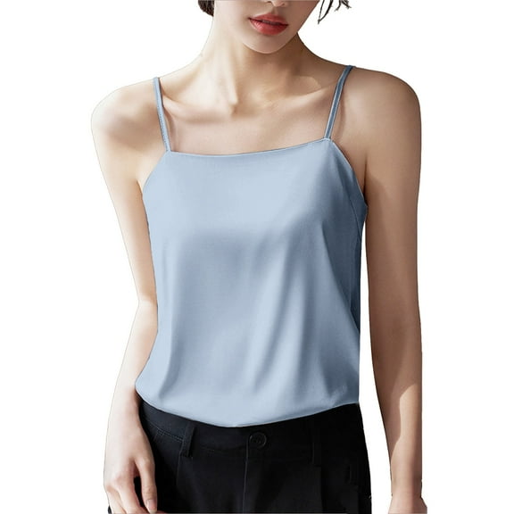 Yigetop Silk Tank Tops for Women, Women's Suit with Bottoming White Satin Ice Loose Top in Summer Satin Camisole Tops for Women Blue 2XL