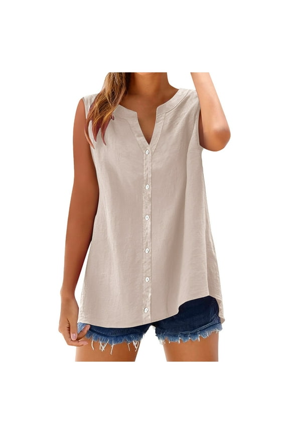 Sleeveless Button Down Shirts for Women, Cotton Linen Shirts for Women Sleeveless Collared Tops Oversized Up Blouses Work Shirts Casual Summer Tshirt Sleeveless Work Blouses for Women Beige L