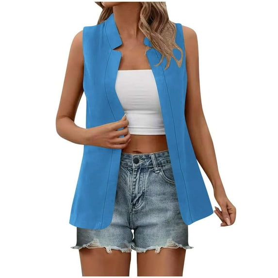 Yigetop Sleeveless Cardigans for Women! Women's Sleeveless Jackets Cardigan Waistcoat Work Vest Tops Long Vest for Women Sleeveless Blue S