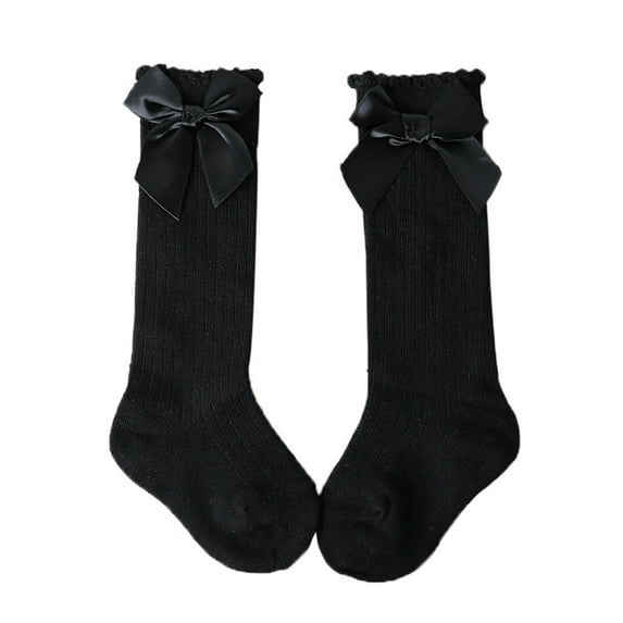 Yigetop Socks for Women New Kids Toddlers Girls Big Bow Knee High Long Soft Cotton Lace Socks Kids Cute Crew Socks for Women Black One Size