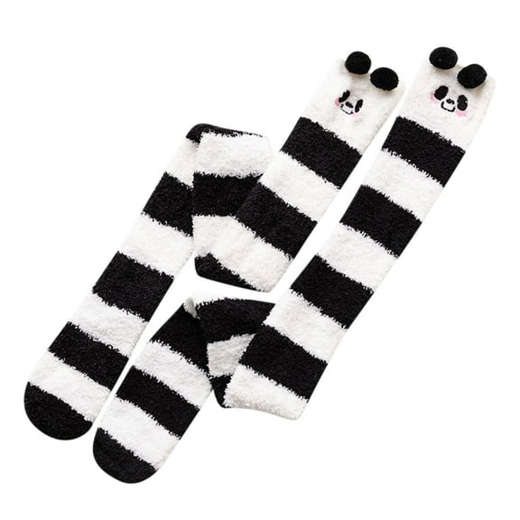Yigetop Socks for Women Womwn Coral Fleece Socks Over The Knee Thicken Warm Sleeping Towel Striped Socks Gifts for Women Black One Size