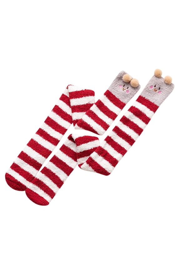 Socks for Women Womwn Coral Fleece Socks Over The Knee Thicken Warm Sleeping Towel Striped Socks Gifts for Women Red One Size