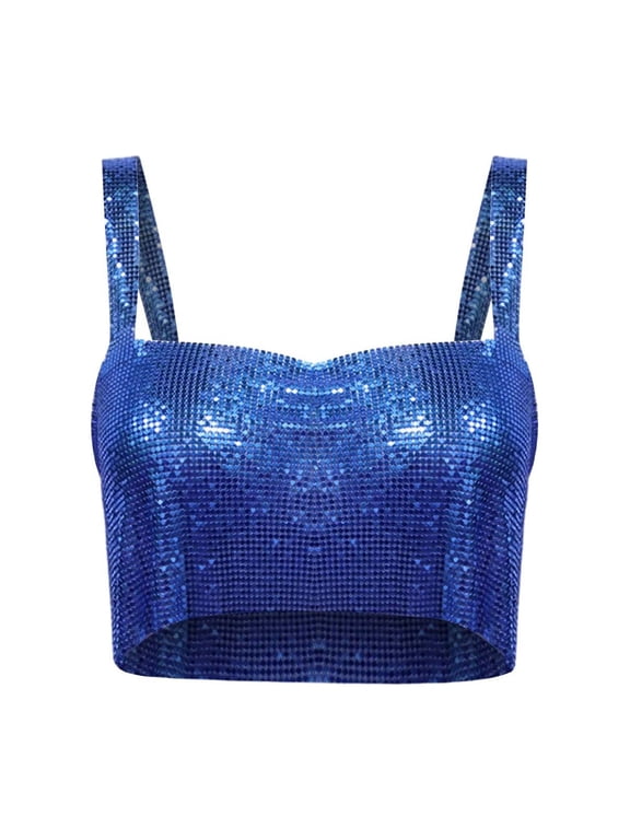 Sparkly Tops for Women Women Shiny Rhinestone Tank Top Crop Top Sleeveless Vest Shirt for Night Club Party Rave Outfit Sequin Top Blue One Size