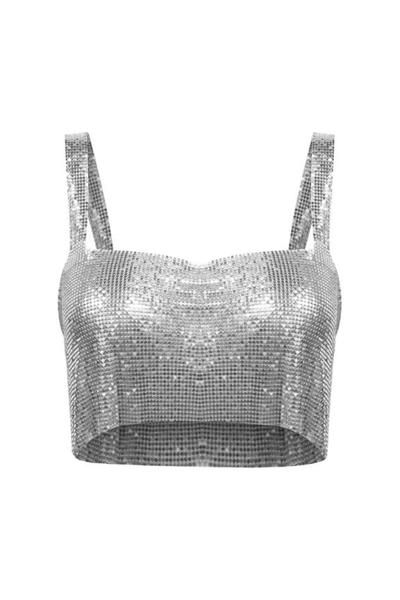 Sparkly Tops for Women Women Shiny Rhinestone Tank Top Crop Top Sleeveless Vest Shirt for Night Club Party Rave Outfit Sequin Top Silver One Size