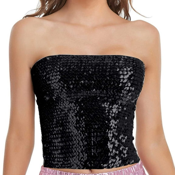 Yigetop Sparkly Tops for Women Fashion Mardi Holiday Womens Sparkling Sequins Stretch Clubwear Tube Top Sequin Tops for Women Black One Size