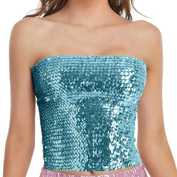 Yigetop Sparkly Tops for Women Fashion Mardi Holiday Womens Sparkling Sequins Stretch Clubwear Tube Top Sequin Tops for Women Sky Blue One Size