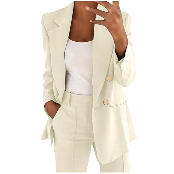 Yigetop Spring Blazer Women 2025 Women's Casual Solid Color Suit Jacket Lapel Keep Warm and Slim Loose Long Sleeve Fashion Cardigan Coat Blazer Dress for Women Beige L