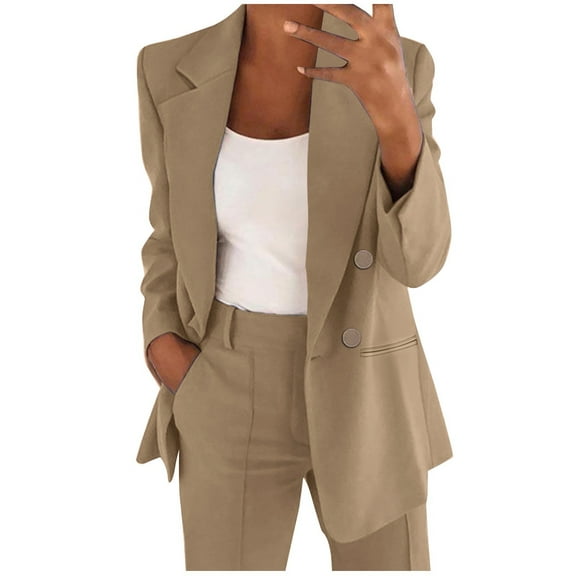 Yigetop Spring Blazer Women 2025 Women's Casual Solid Color Suit Jacket Lapel Keep Warm and Slim Loose Long Sleeve Fashion Cardigan Coat Blazer Dress for Women Khaki 2XL