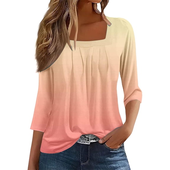 Yigetop Square Neck Tops for Women, A Vintage Solid Color T Shirt with A Square Neck for Ladies A Casual Pleated Loose and Flowing Three Quarter Sleeve Top Womens 3/4 Sleeve Tops orange 3XL