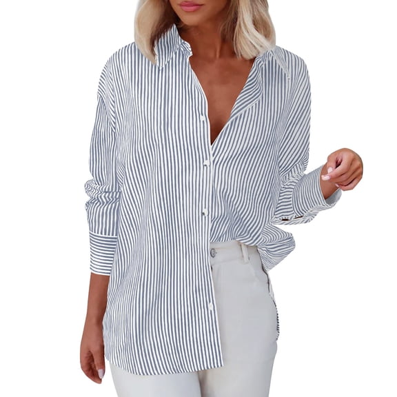 Yigetop Striped Button Down Shirt Women Women's Striped Button Down Shirt Classic Long Sleeve Fashion Collared Work Shirt Tops Women's Blouses & Button-Down Shirts Grey M