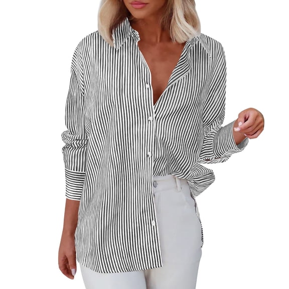 Yigetop Striped Button Down Shirt Women Women's Striped Button Down Shirt Classic Long Sleeve Fashion Collared Work Shirt Tops Women's Blouses & Button-Down Shirts Black L