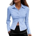 thumbnail image 1 of Yigetop Striped Long Sleeve Shirt Women Women's Long Sleeve Striped Fitted Button Down Shirts Casual Elegant Top Collared Dress Blouse Tops Womens Button Down Blouse Light Blue S, 1 of 6