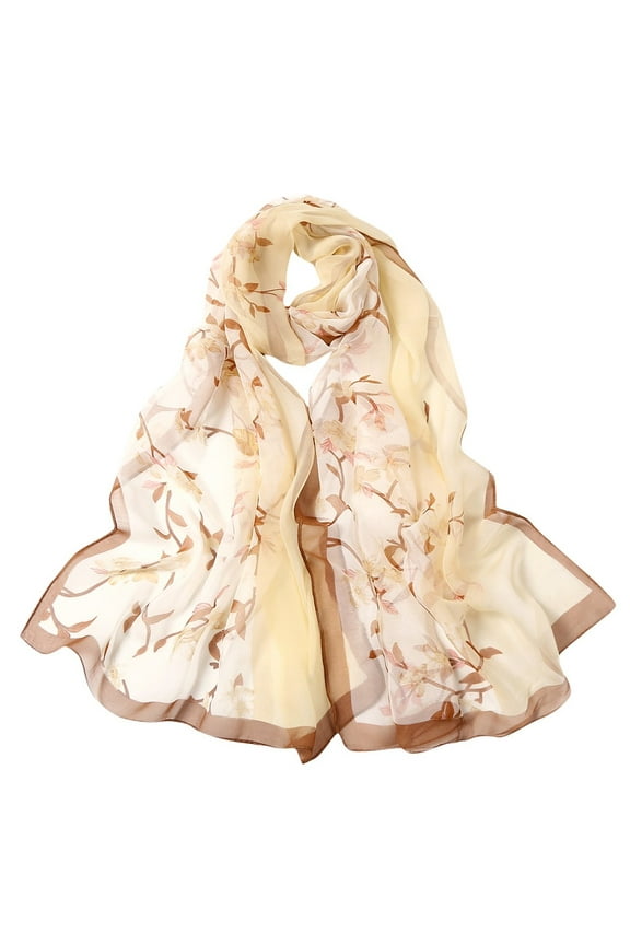 Summer Scarf for Women Lightweight 160*50Cm Women Flower Print Long Soft Wrap Scarf Simulation Silk Shawl Scarves Chiffon Scarf Beige One Size