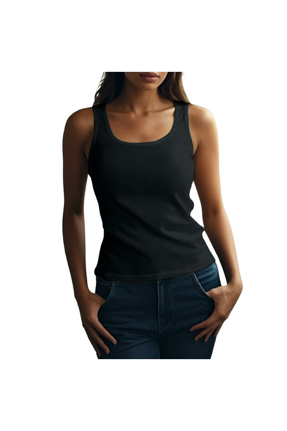 Summer Tops for Women 2025, Women's Sleeveless Cotton Tank Top form Fitting Neck Ribbed Knit Basic Shirts Women's Tank Tops Black L