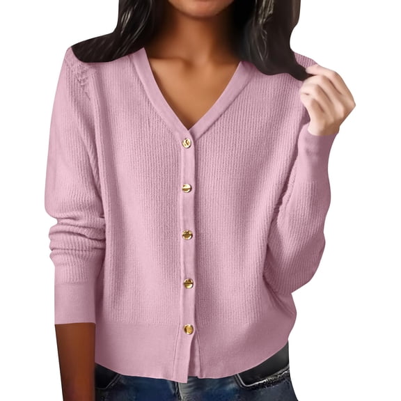 Yigetop Sweater Cardigan Women Women's V Neck Long Sleeved Cardigan Loose Fitting Sweater Knitwear Button Down Cardigans for Women Pink M