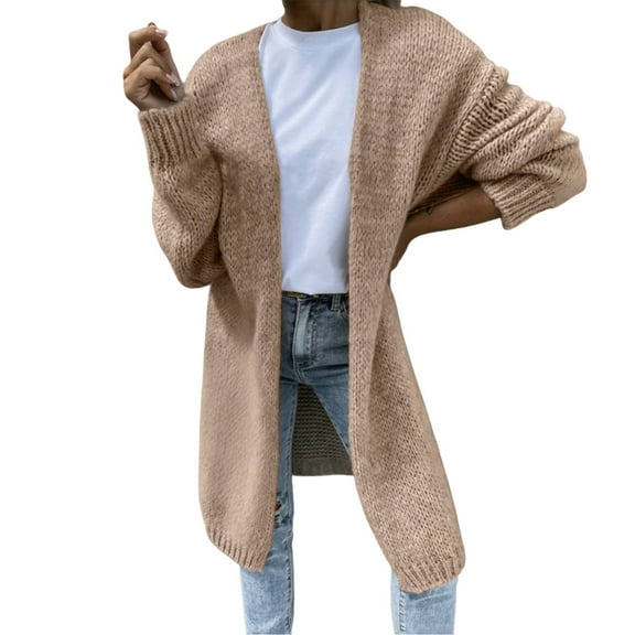 Yigetop Sweaters for Women, Women's Winter Long Cardigan Casual Open Front Chunky Knit Sweater Coat with Pockets Long Coats for Women Trendy Khaki S